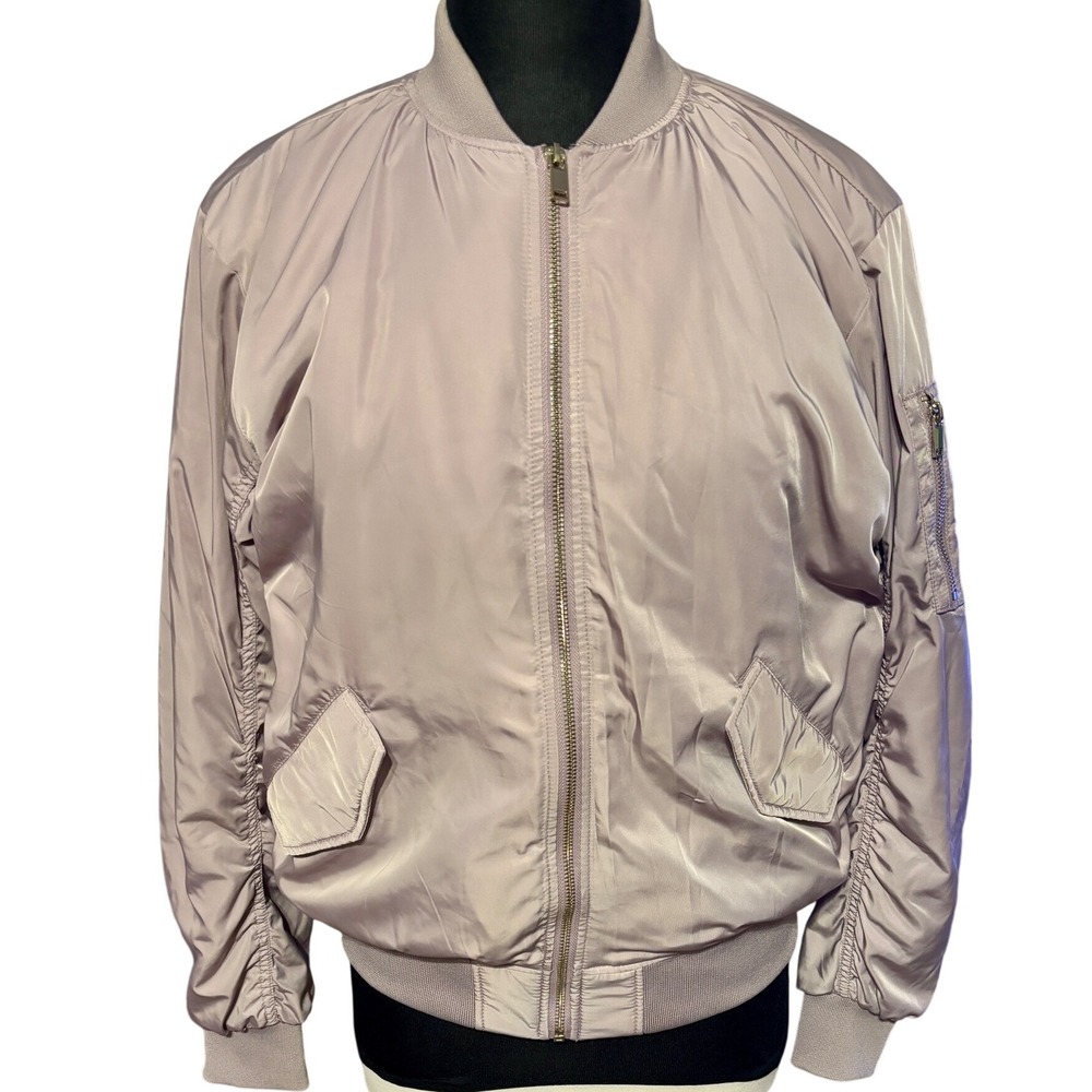 H&M Lavender Satin Bomber Jacket Ruched‎ Back Zipper Pocket Womens Size 6